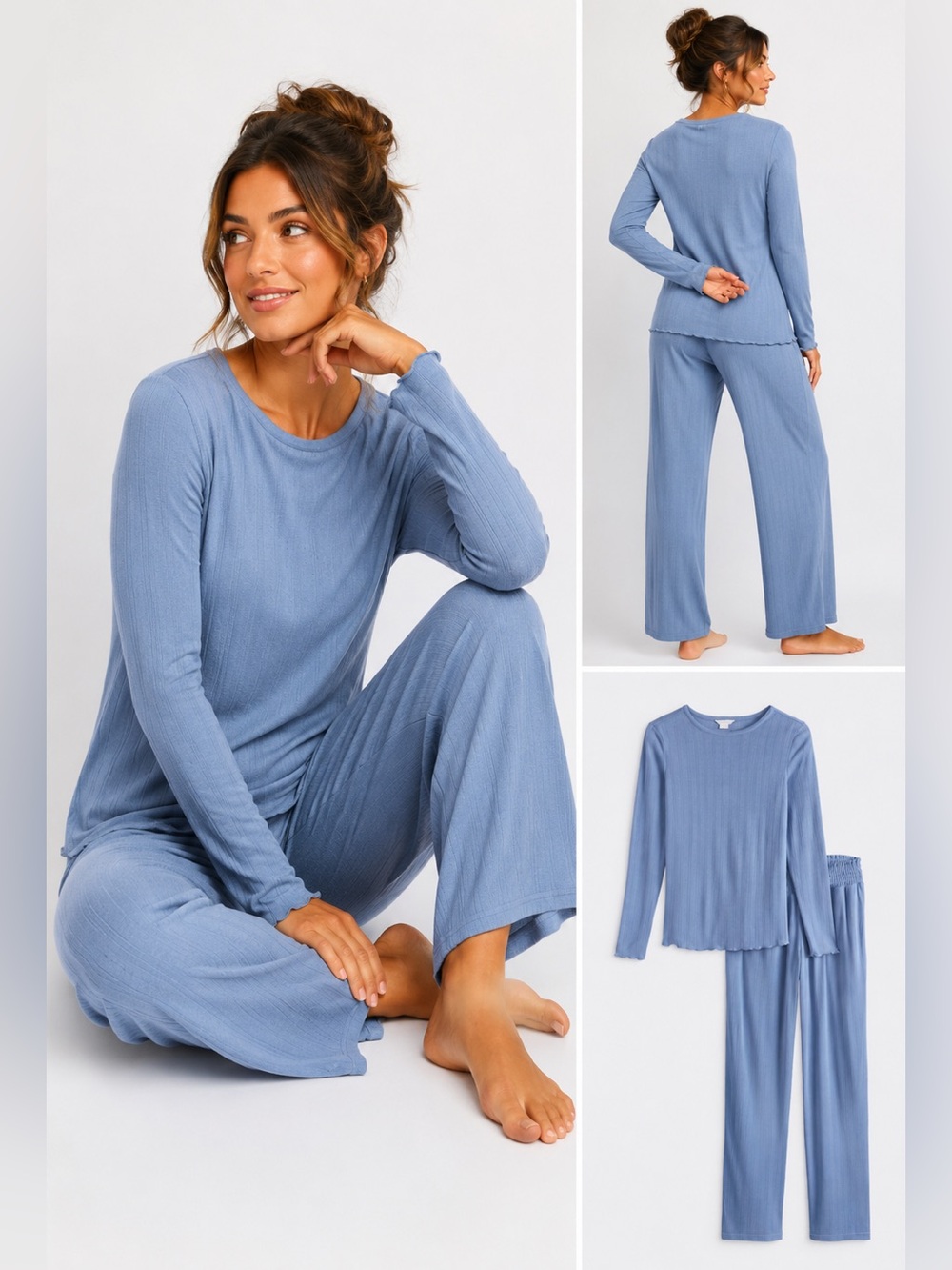 Awhile Cozy Core Pointelle Ribbed Long-Sleeve Pajama Set - Blue